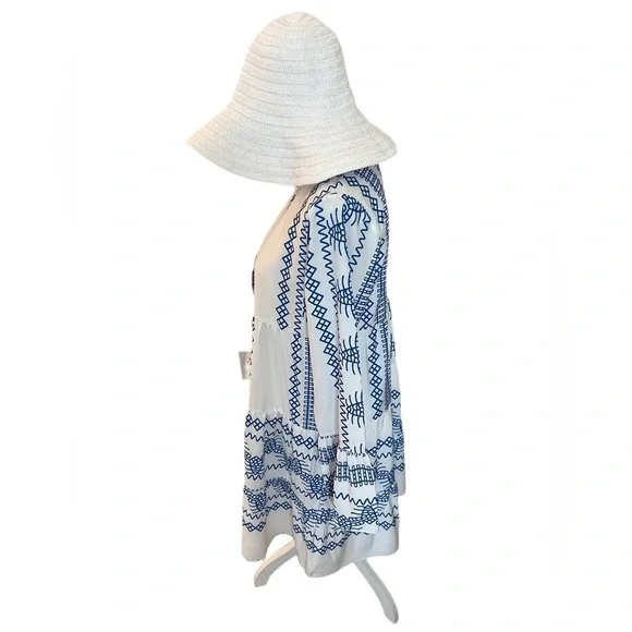 NEW Blue White Aztec Embroidered Tunic Dress | Boho Beach Cover-Up | Size M - Picture 3 of 7